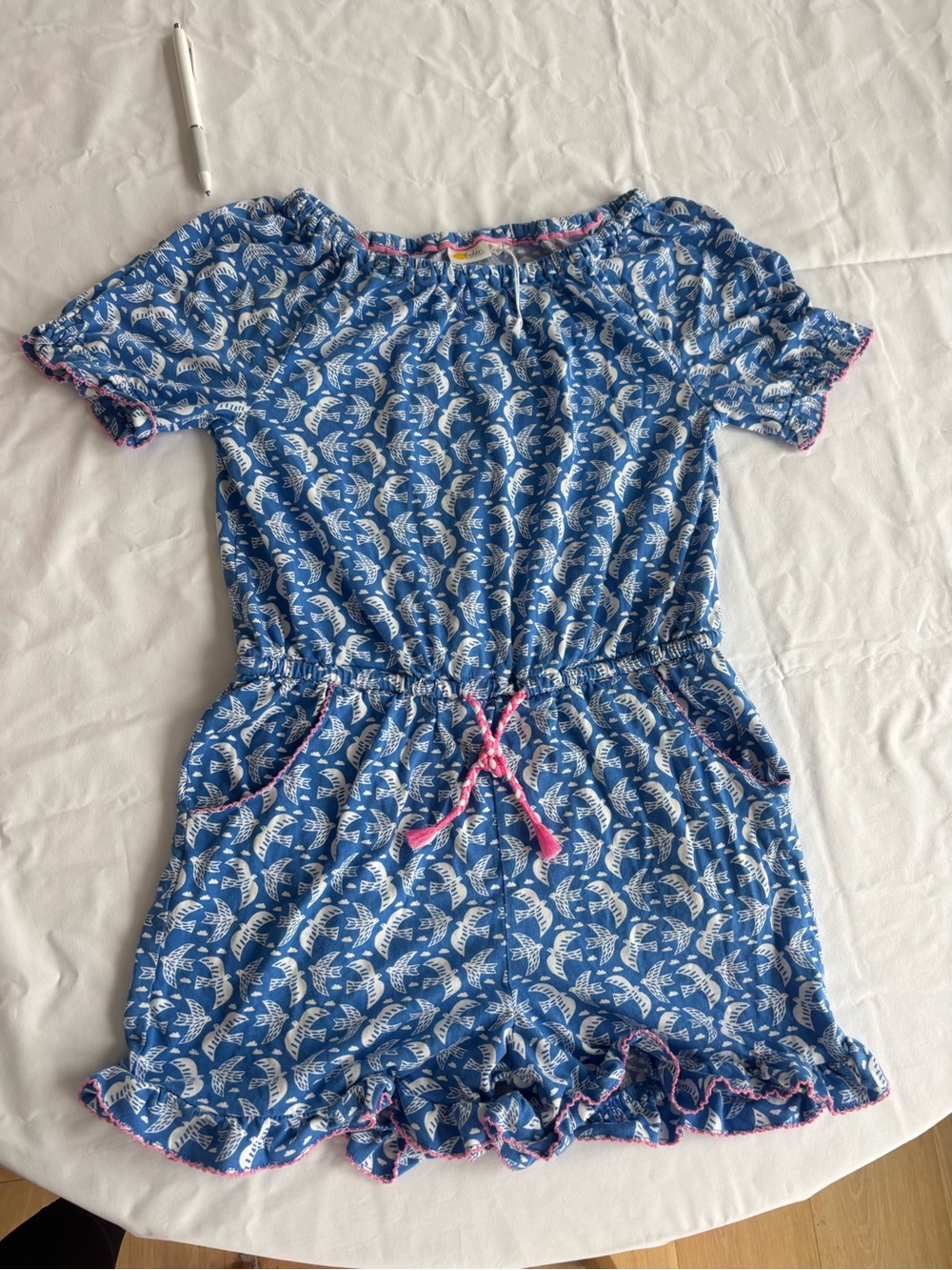 Mini Boden Blue Printed Romper  Elastic Waist and ruffle hem and short sleeves.
